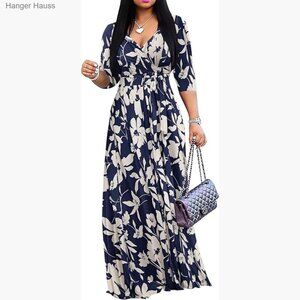 Plus Size Maxi Sundress with Pockets V-Neck 3/4 Sleeve Wrap Casual